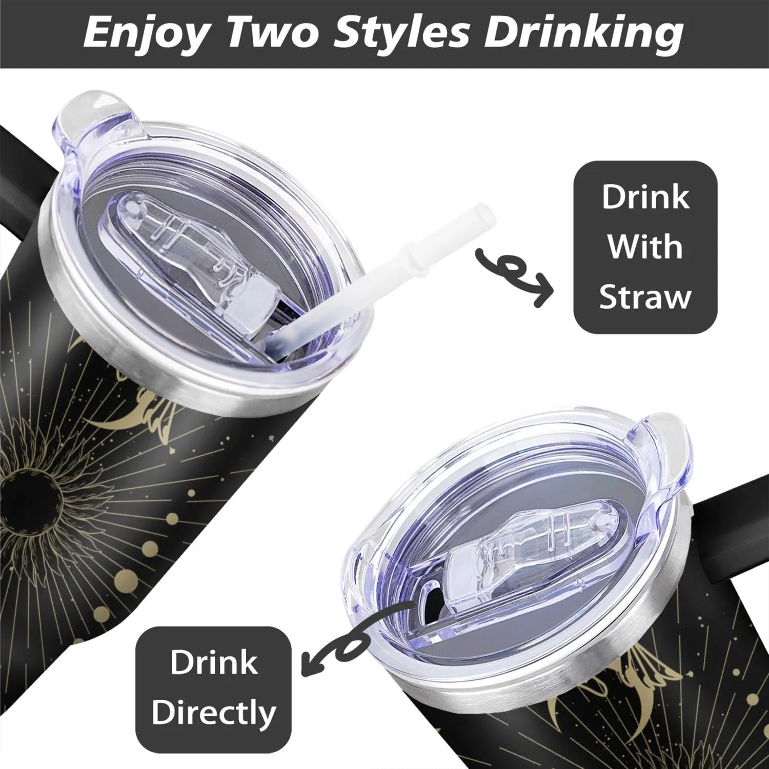 40 oz Sun and Moon Tumbler with Handle and Straw Lid,Leak Proof Travel Stainless Insulated Tumbler,Cup Holder Friendly,Perfect for Outdoor Travel Car and Sports