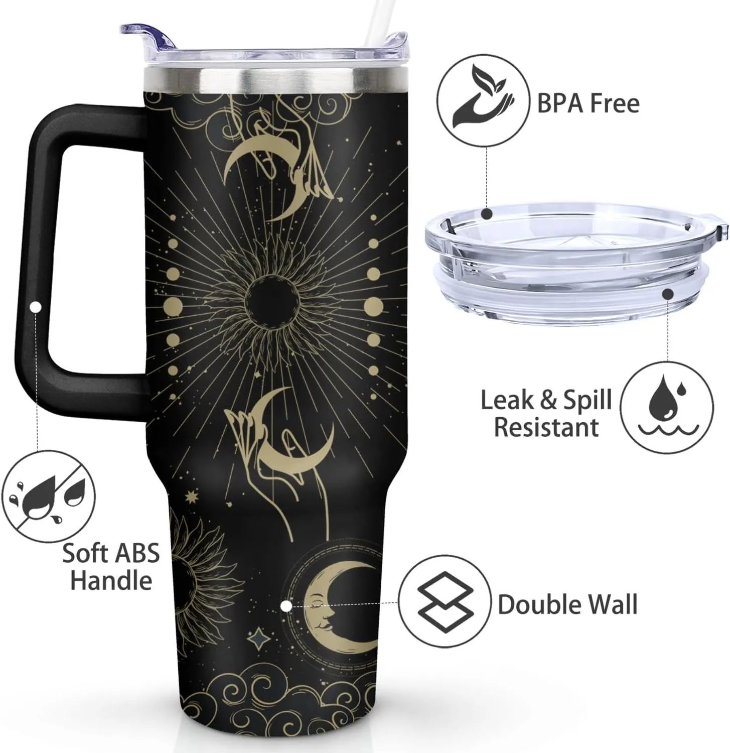 40 oz Sun and Moon Tumbler with Handle and Straw Lid,Leak Proof Travel Stainless Insulated Tumbler,Cup Holder Friendly,Perfect for Outdoor Travel Car and Sports