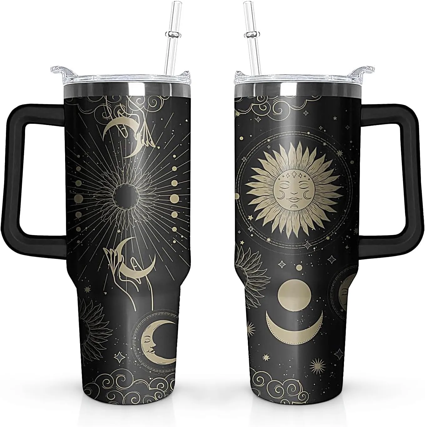 40 oz Sun and Moon Tumbler with Handle and Straw Lid,Leak Proof Travel Stainless Insulated Tumbler,Cup Holder Friendly,Perfect for Outdoor Travel Car and Sports