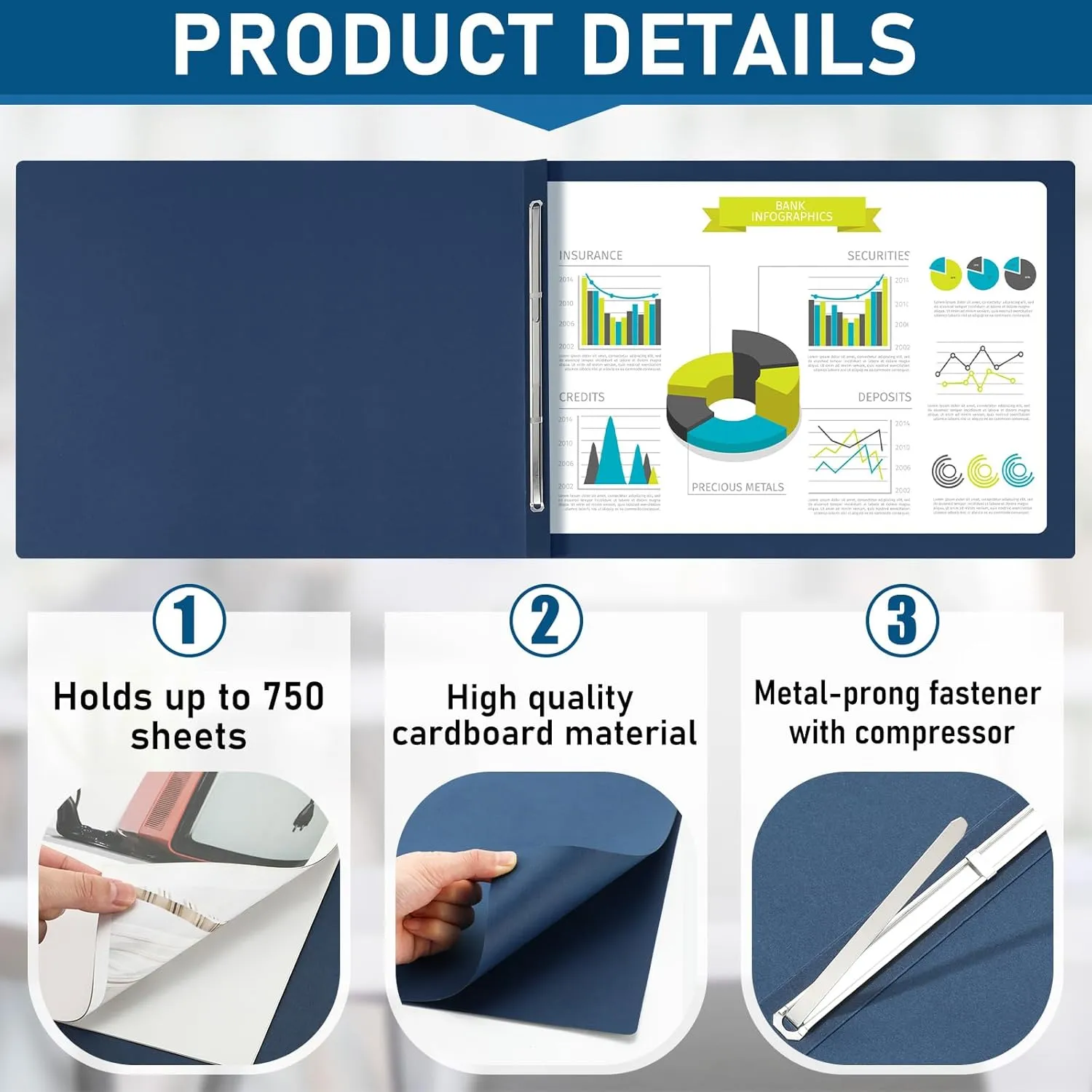 40 Pcs 11x17 Inch Pressboard Report Cover, 3" Capacity Presentation Binder Folder with Metal Prong Paper Fastener to Neatly Bind Reports, Proposals, Transcripts and Other Documents(Blue)