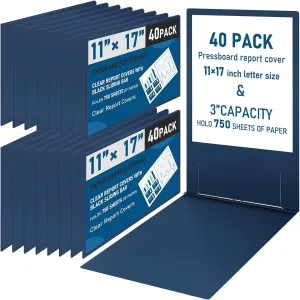 40 Pcs 11x17 Inch Pressboard Report Cover, 3" Capacity Presentation Binder Folder with Metal Prong Paper Fastener to Neatly Bind Reports, Proposals, Transcripts and Other Documents(Blue)