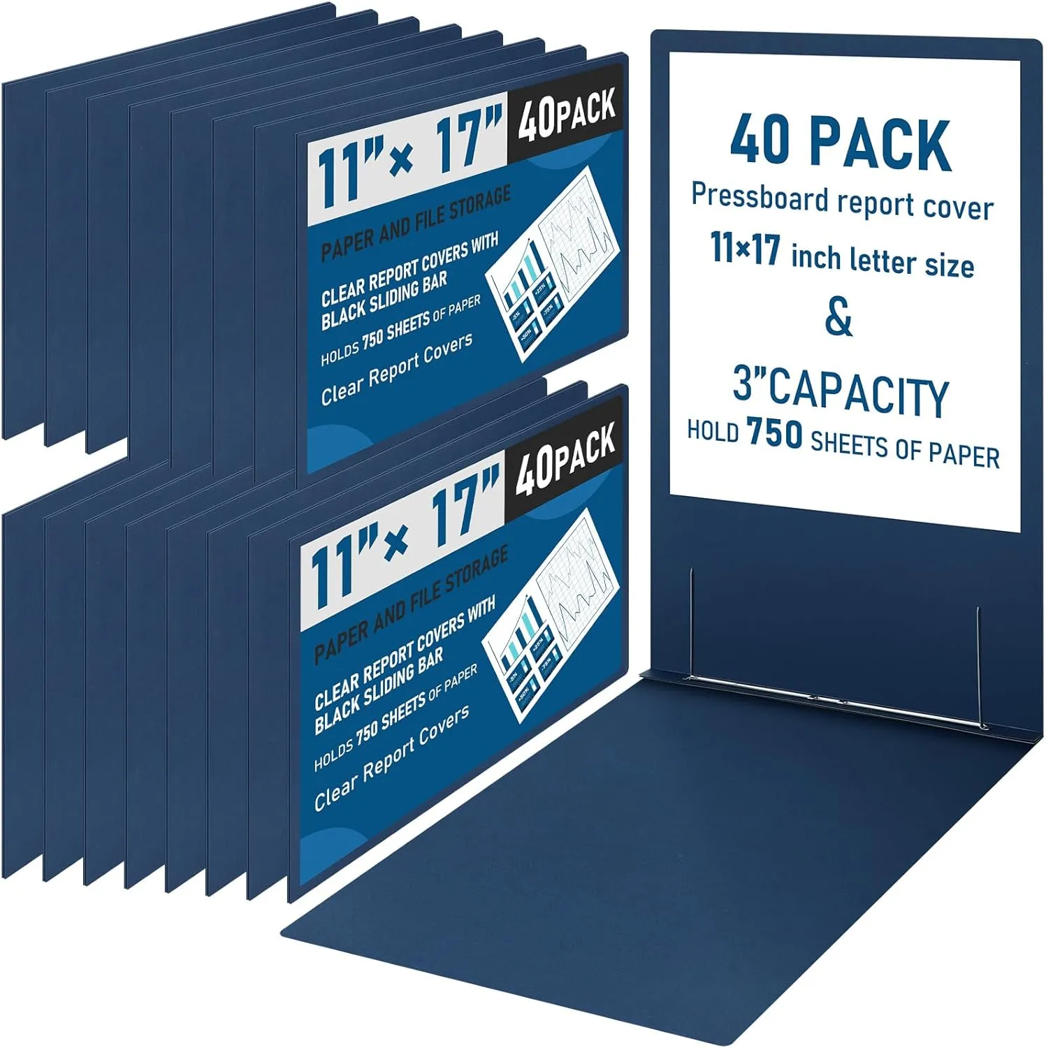 40 Pcs 11x17 Inch Pressboard Report Cover, 3" Capacity Presentation Binder Folder with Metal Prong Paper Fastener to Neatly Bind Reports, Proposals, Transcripts and Other Documents(Blue)