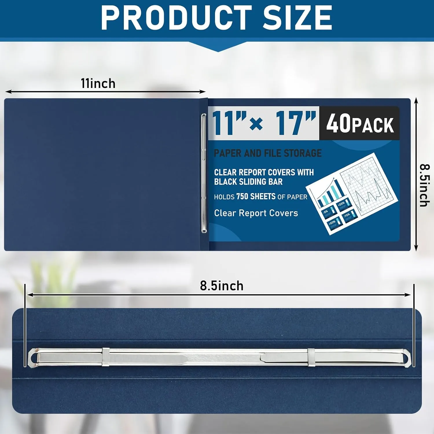 40 Pcs 11x17 Inch Pressboard Report Cover, 3" Capacity Presentation Binder Folder with Metal Prong Paper Fastener to Neatly Bind Reports, Proposals, Transcripts and Other Documents(Blue)