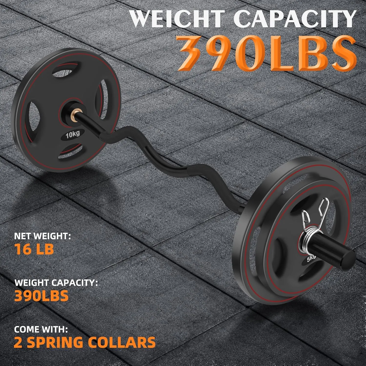 47” Barbell Curl Bar for Strength Training with Two Metal Spring Clamps, Packaged in Paper Tubes for Deadlifts, Hip Thrusts, Squats, and Long Legs, 440 lb. Load Capacity for Home and Gym Use