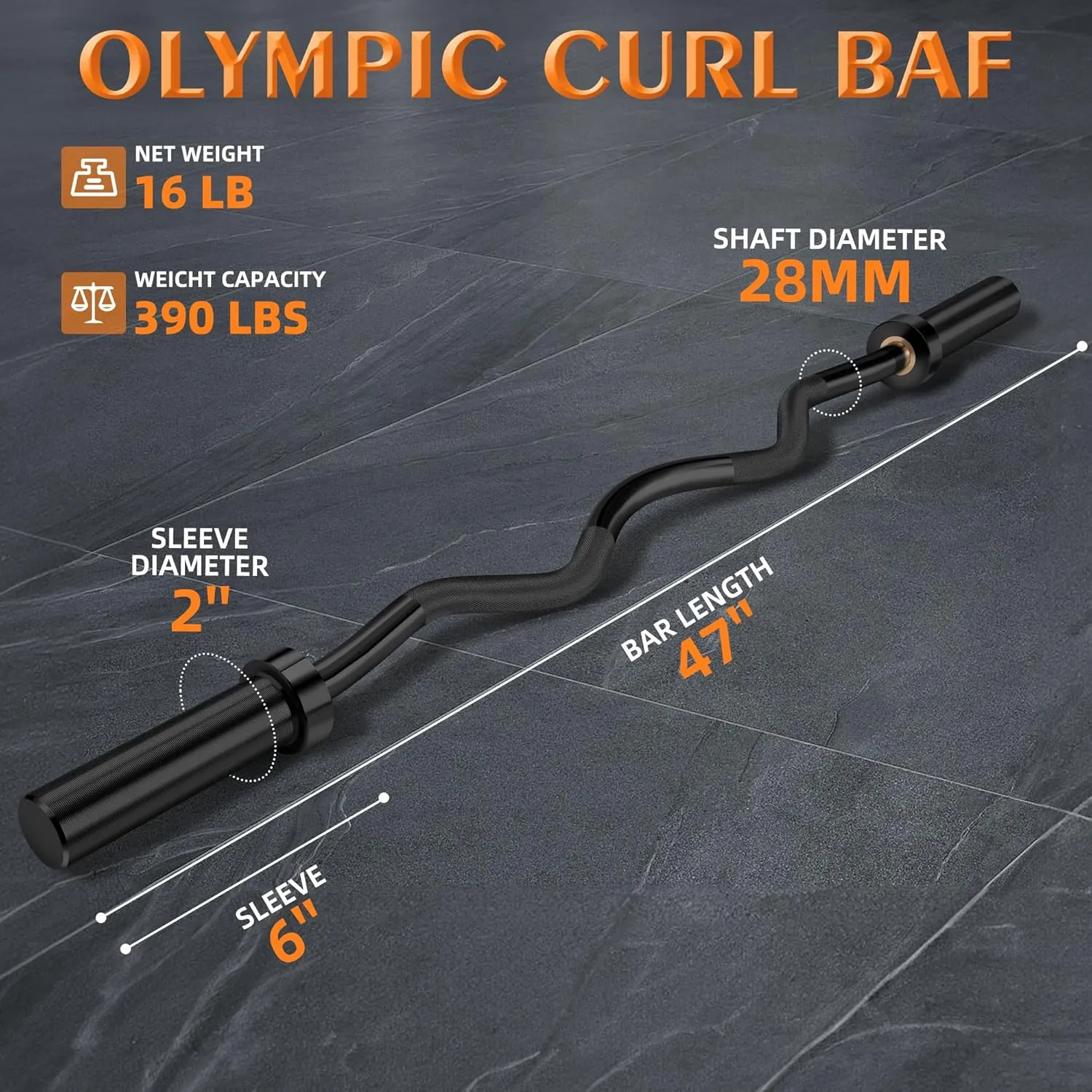 47” Barbell Curl Bar for Strength Training with Two Metal Spring Clamps, Packaged in Paper Tubes for Deadlifts, Hip Thrusts, Squats, and Long Legs, 440 lb. Load Capacity for Home and Gym Use