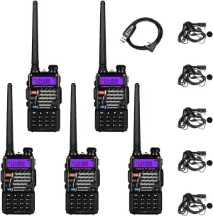5 Pack Baofeng UV-5R  Plus Ham Radio Handheld, Dual Band Two Way Radio Rechargeable Long Range Walkie Talkies, with Earpiece & Programming Cable (Black)