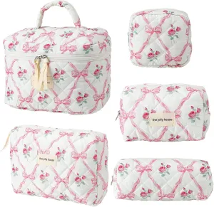 5 PCS Bow Makeup Bag Set for Women Coquette Cosmetic Makeup Bag Cute Floral Cotton Makeup Bag Bow Makeup Bag Large Aesthetic Makeup Bag Set For Women Girls (Floral Bow)