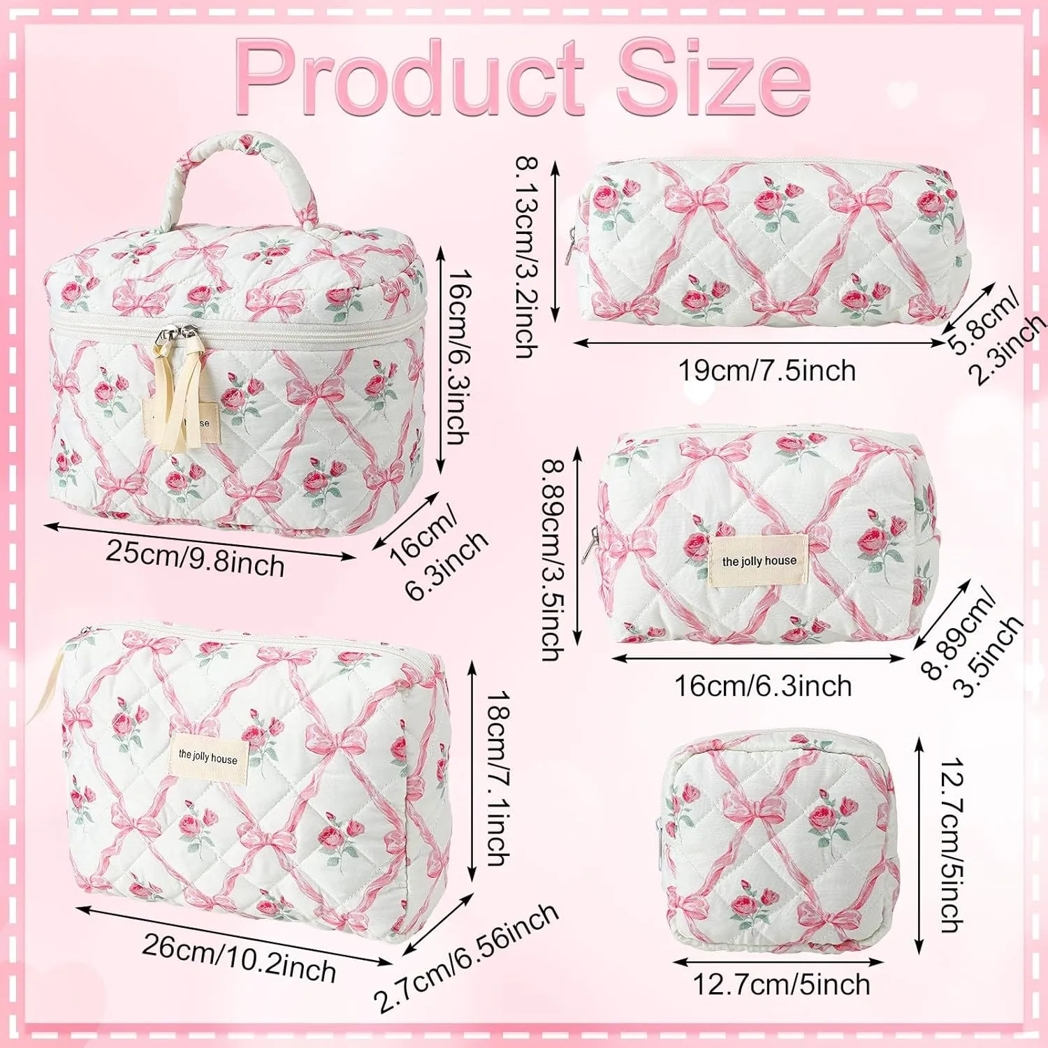 5 PCS Bow Makeup Bag Set for Women Coquette Cosmetic Makeup Bag Cute Floral Cotton Makeup Bag Bow Makeup Bag Large Aesthetic Makeup Bag Set For Women Girls (Floral Bow)