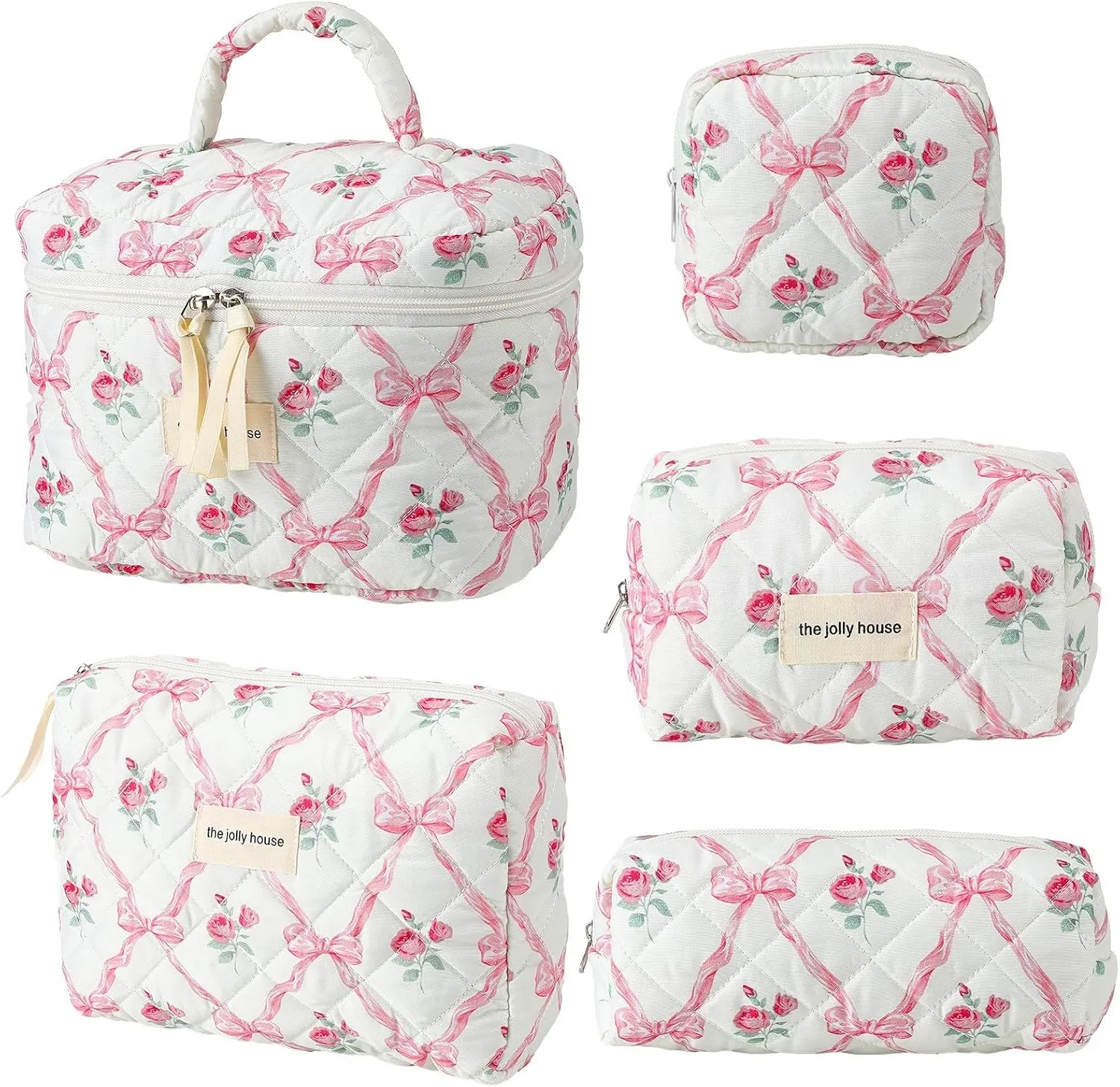 5 PCS Bow Makeup Bag Set for Women Coquette Cosmetic Makeup Bag Cute Floral Cotton Makeup Bag Bow Makeup Bag Large Aesthetic Makeup Bag Set For Women Girls (Floral Bow)