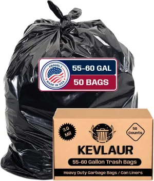 55-60 Gallon (HUGE Size) Extra Heavy Duty Trash Bags/Can Liners 50 Count (w/ties) Industrial, Yard Leaf, Construction Bags 3 MIL Thick (Made in USA) Trash Bags Made with Recycled Materials