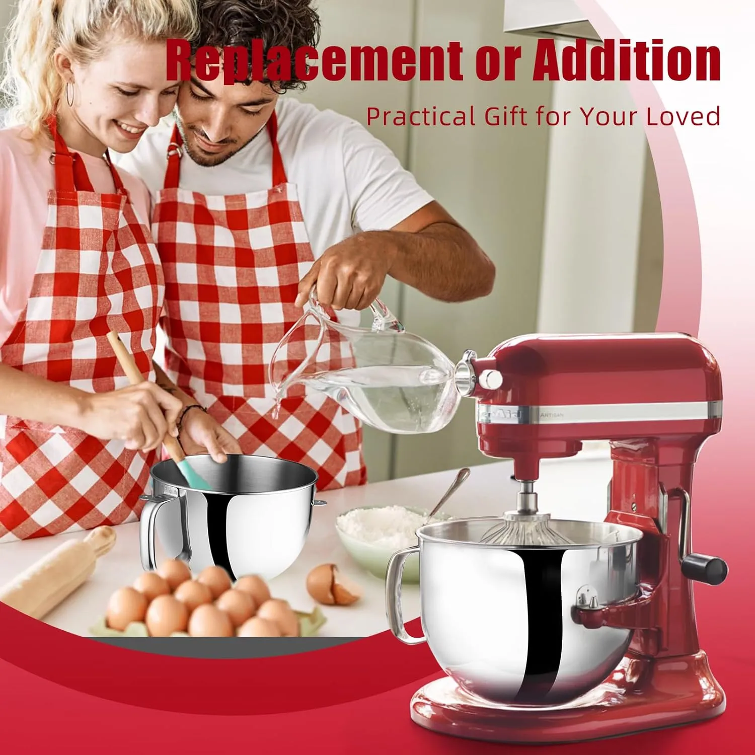 6 QT Stainless Steel Mixer Bowl Compatible With KitchenAid Lift-Bowl Stand Mixers, Large Kitchen Aid Bowls for Mixer with Ergonomic Handle