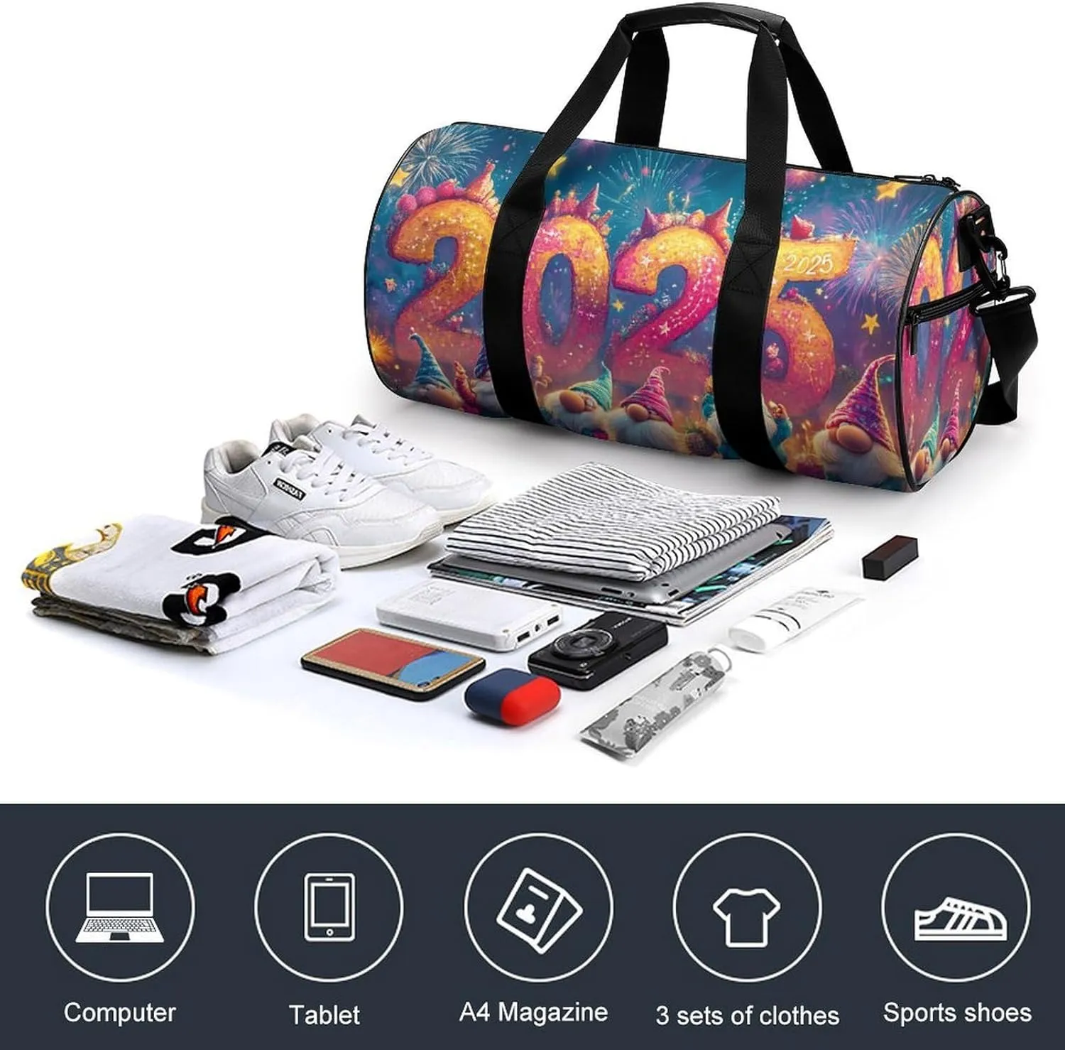 A Colorful New Year's Design Travel Gym Bag for Women Men The Sky And Stars Cylindrical Duffle Bag Sport Workout Bag with Shoulder Strap