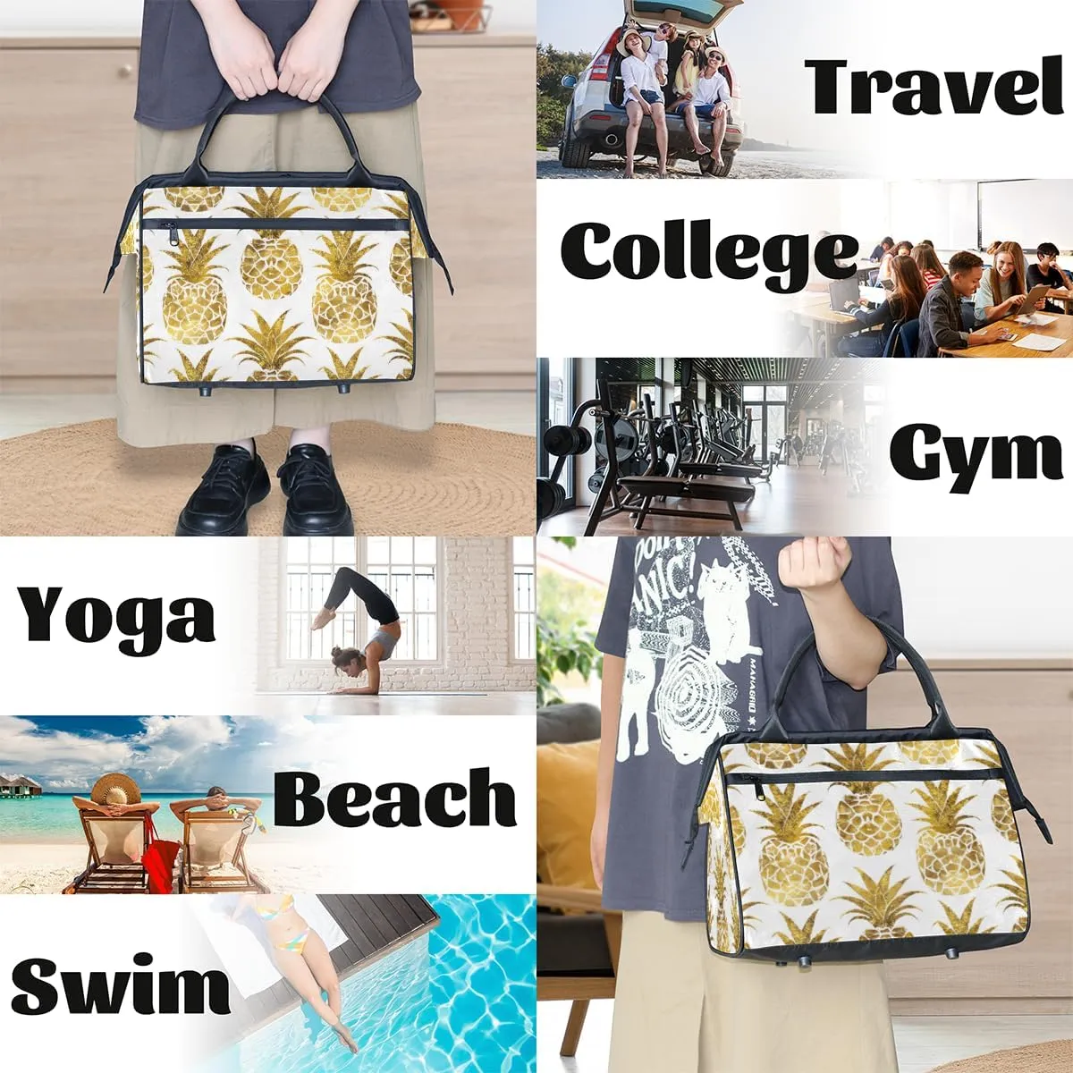 Abstract Golden Fruit Pineapple Weekender Overnight Bag for Women Waterproof Carry On Travel Duffle Bags with Pocket Lightweight Sports Gym Tote Bag Large Luggage Workout Personal Item Hospital Bags
