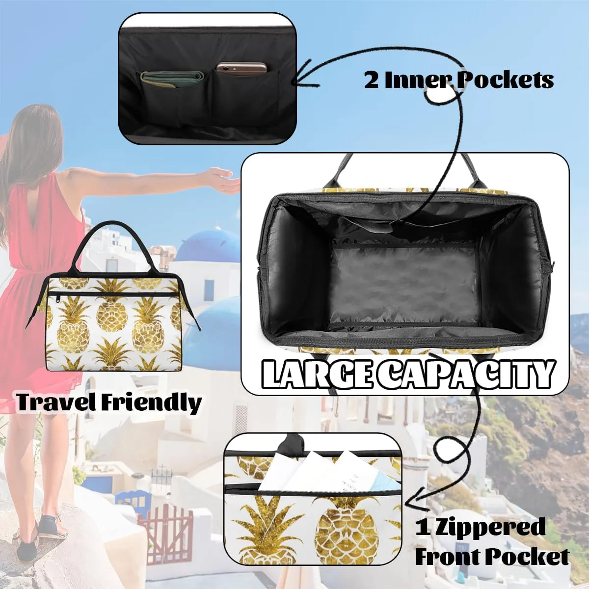 Abstract Golden Fruit Pineapple Weekender Overnight Bag for Women Waterproof Carry On Travel Duffle Bags with Pocket Lightweight Sports Gym Tote Bag Large Luggage Workout Personal Item Hospital Bags