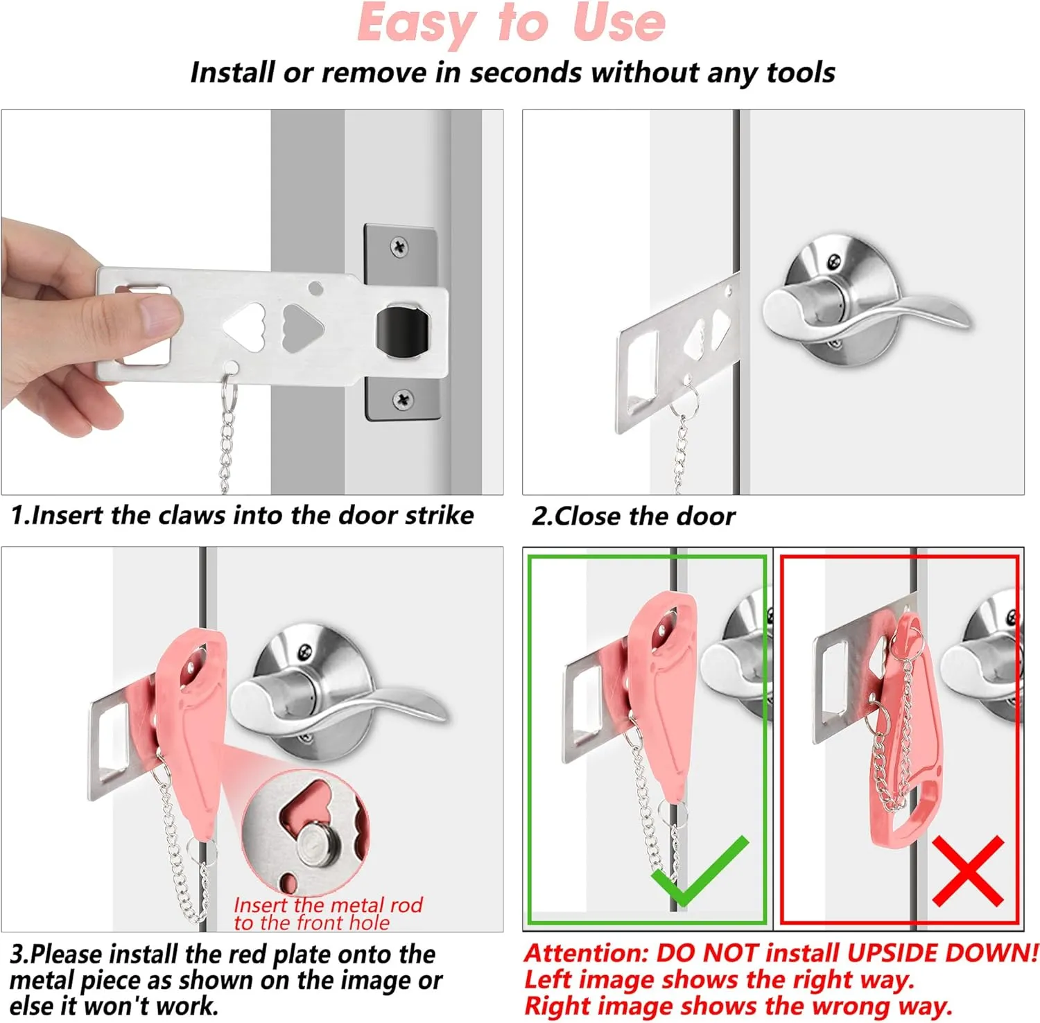 AceMining Portable Security Door Locker Travel Lockdown Locks for Additional Safety and Privacy Perfect for Traveling Hotel Home Apartment College-Pink(2 Pack)