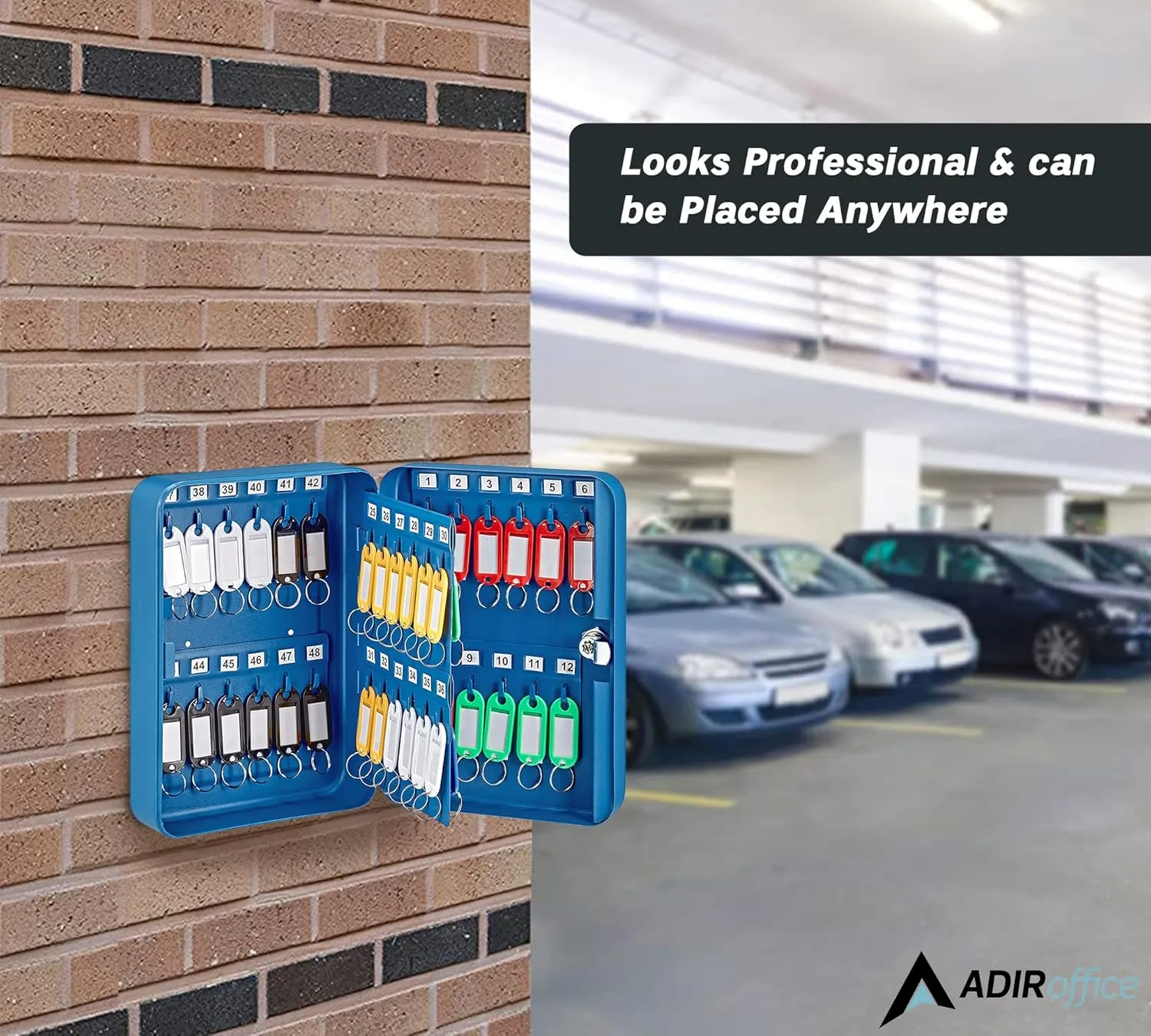AdirOffice Key Lock Box – 48 Key Hooks Wall Mounted Key Cabinet Lock Box, Car Keys Holder Box, Lockable Key Storage Box - Metal Key Box Organizer with for Home and Office