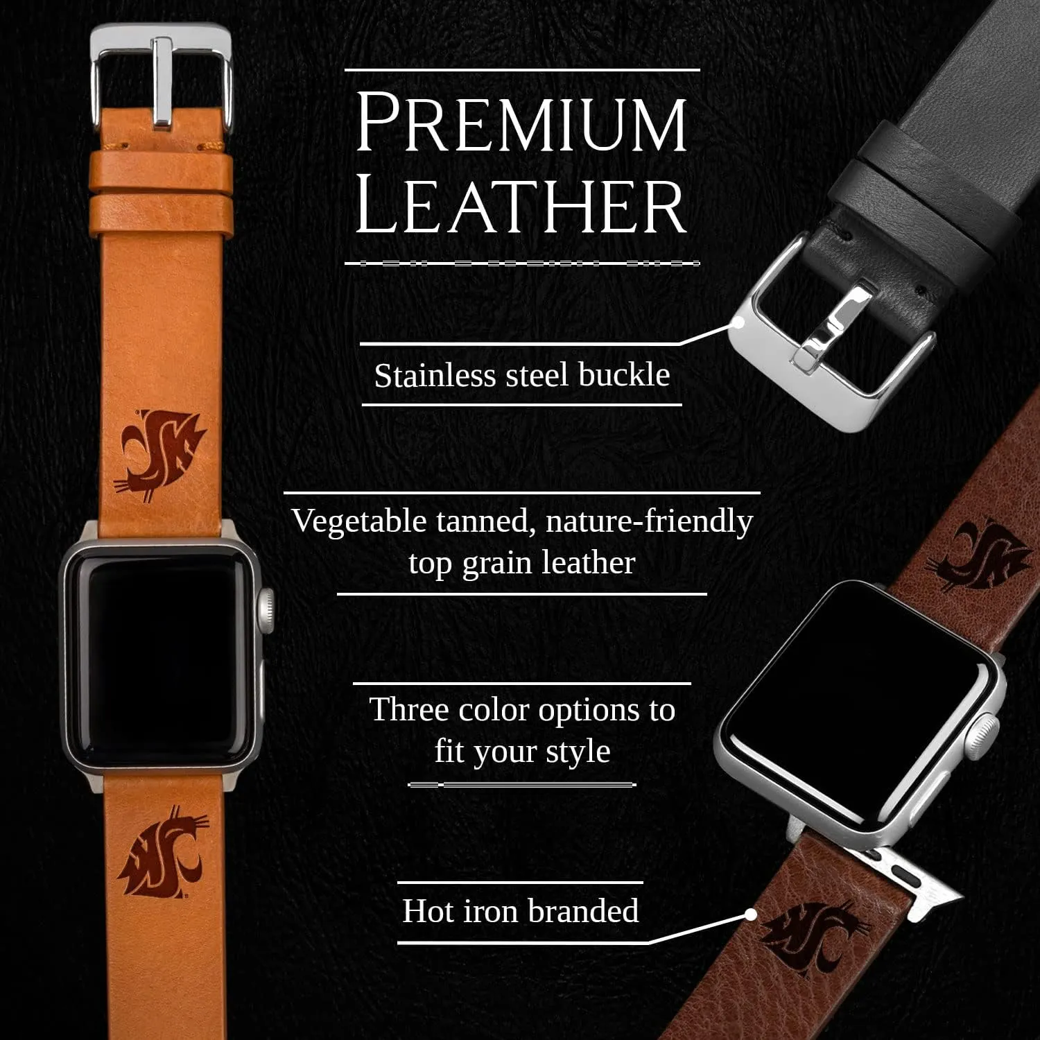 Affinity Bands Washington State Cougars Leather Watch Band Compatible with Apple Watch (42/44/45/49mm (46mm Series 10) Short Black)