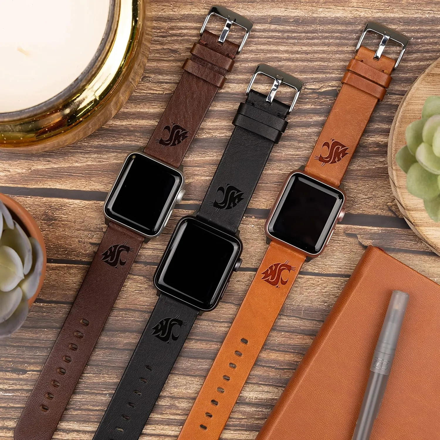 Affinity Bands Washington State Cougars Leather Watch Band Compatible with Apple Watch (42/44/45/49mm (46mm Series 10) Short Black)