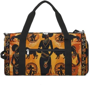 African Traditional Women And Animals Gym Sport Bag Travel Duffel Bags Tote with Shoe Compartment Water Resistant Pouch Unisex