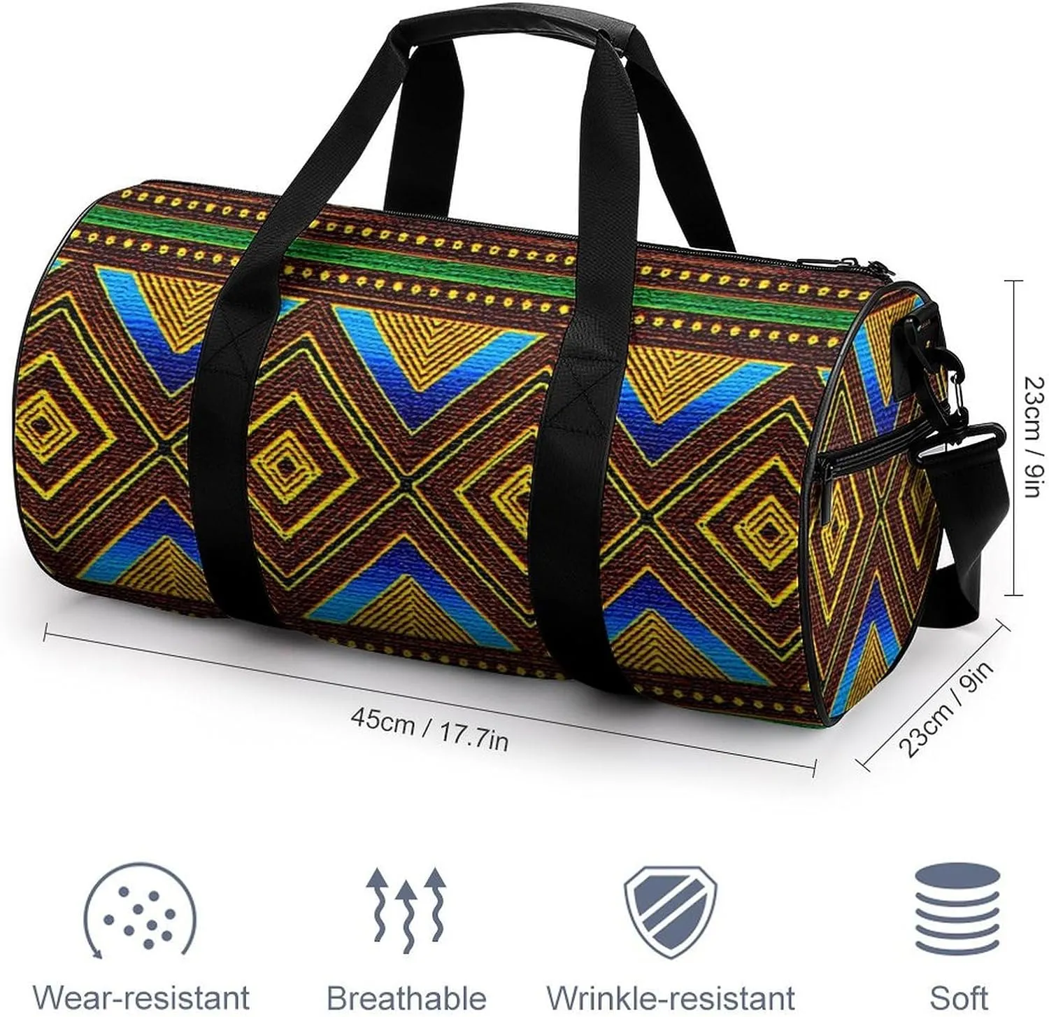 Afrocentric Tribal Motif Large Capacity Portable Cylindrical Fitness Bag