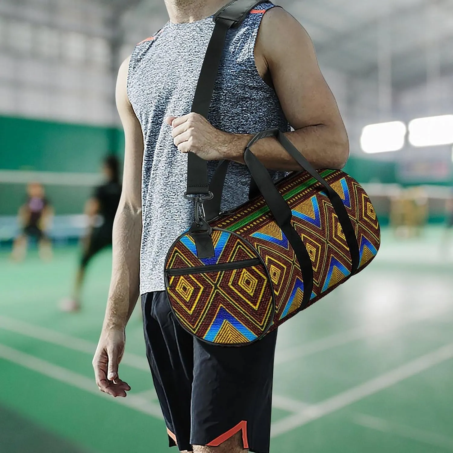 Afrocentric Tribal Motif Large Capacity Portable Cylindrical Fitness Bag