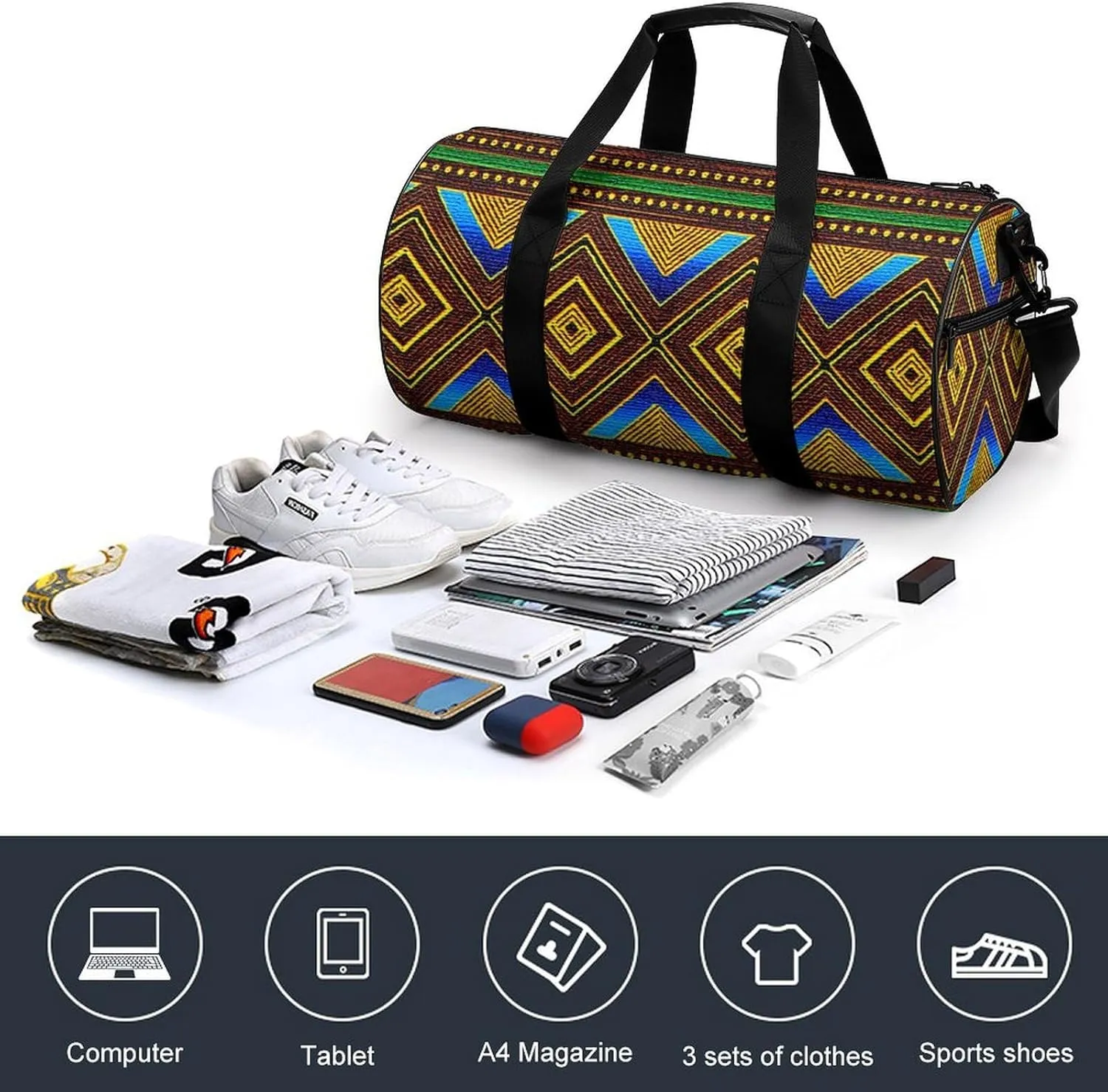 Afrocentric Tribal Motif Large Capacity Portable Cylindrical Fitness Bag