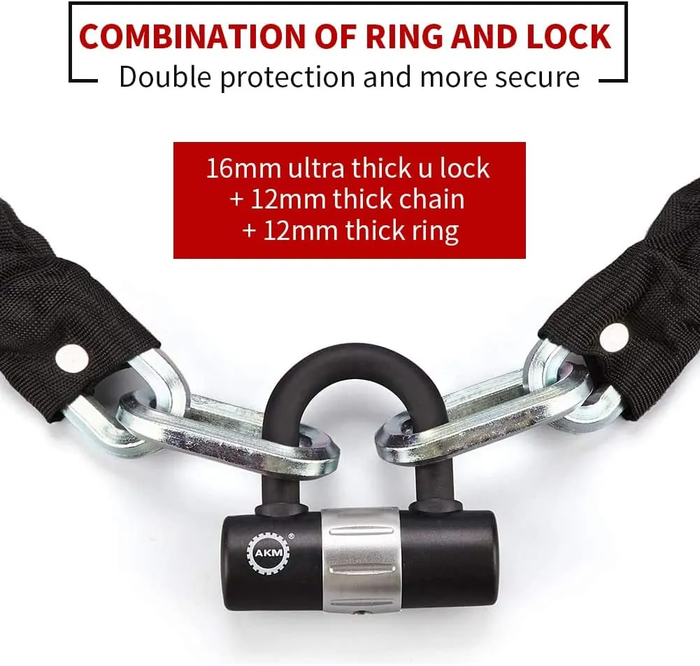 AKM Bike Lock Chain Lock 120cm/4ft Heavy Duty Durable 12mm Thick Anti-Theft Bicycle Chain Lock with 4Keys Security 16mm U Lock Disc Lock for Bicycle,Moped,Scooter,Motorcycle