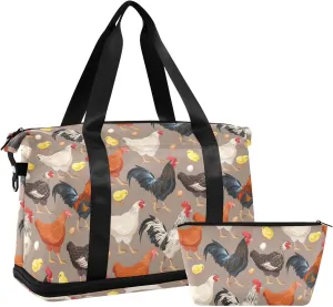 ALAZA Colorful Hens Chicken Eggs Travel Duffel Bag for Women Men Sports Gym Bag with Shoe Compartment Tote Weekender Overnight Bag with Wet Pocket for Travel, Gym,Yoga,Swimming