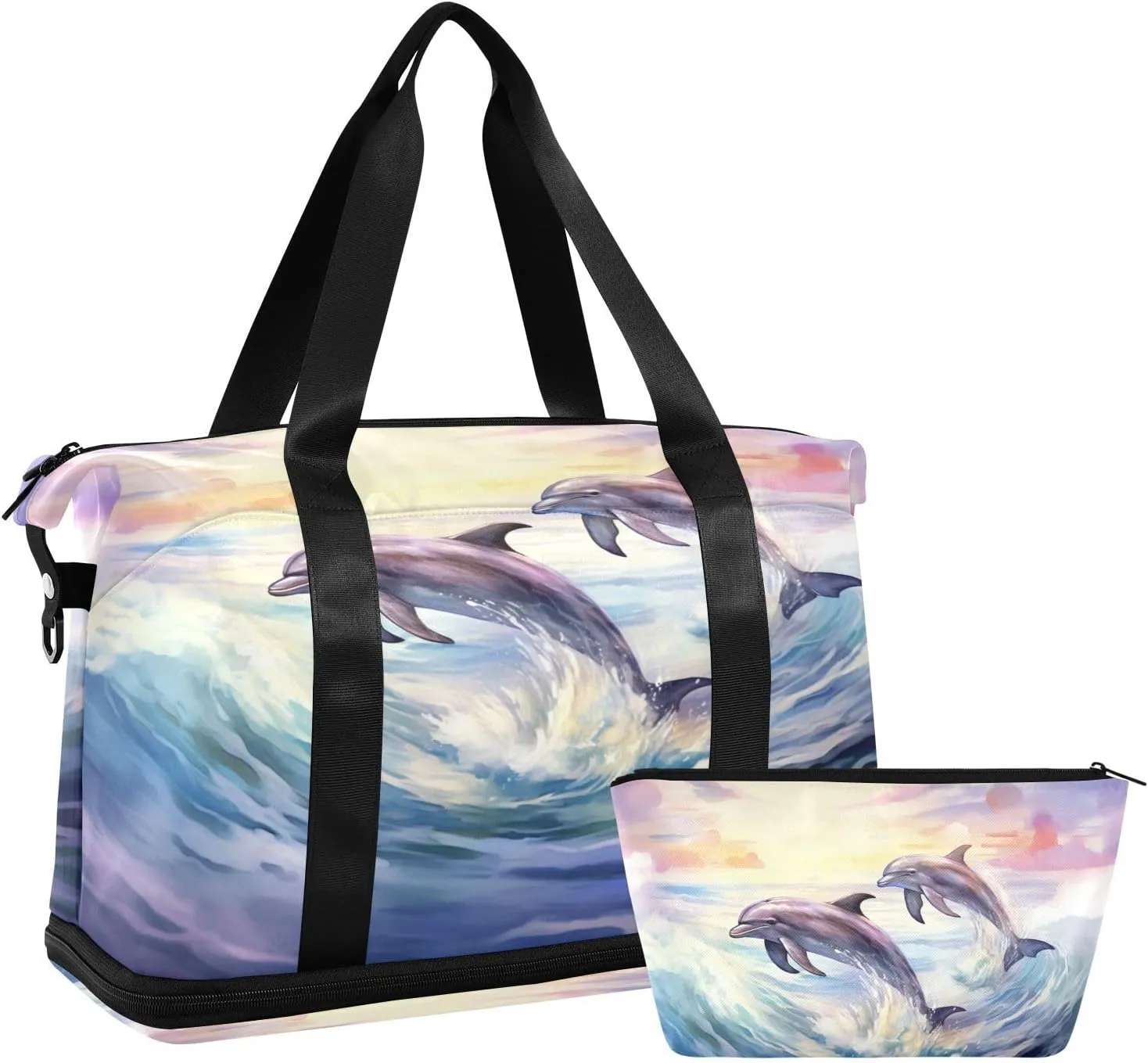 ALAZA Dolphin Watercolor Travel Duffel Bag for Women Men Sports Gym Bag with Shoe Compartment Tote Weekender Overnight Bag with Wet Pocket for Travel, Gym,Yoga,Swimming
