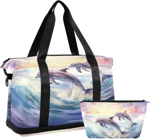 ALAZA Dolphin Watercolor Travel Duffel Bag for Women Men Sports Gym Bag with Shoe Compartment Tote Weekender Overnight Bag with Wet Pocket for Travel, Gym,Yoga,Swimming