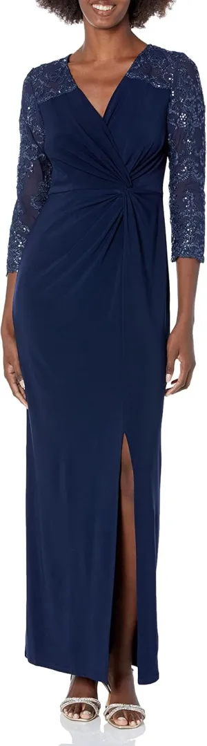 Alex Evenings Women's Long Stretchy 3/4 Sleeve Knot Front Column Dress