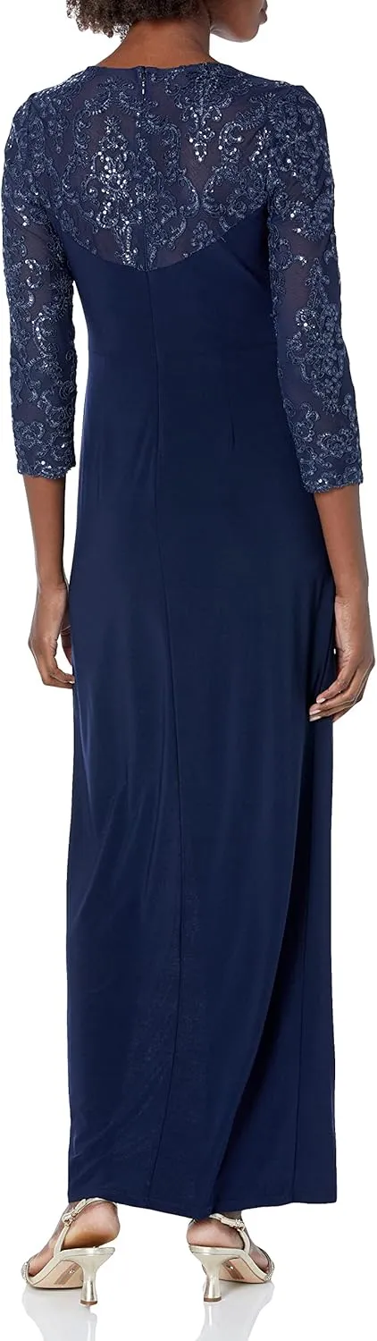 Alex Evenings Women's Long Stretchy 3/4 Sleeve Knot Front Column Dress