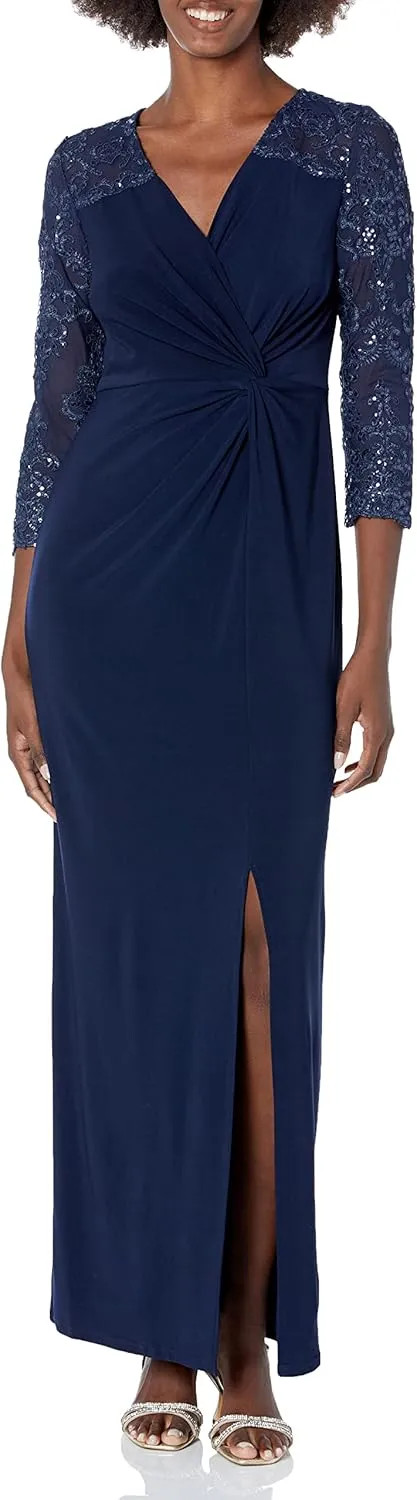 Alex Evenings Women's Long Stretchy 3/4 Sleeve Knot Front Column Dress