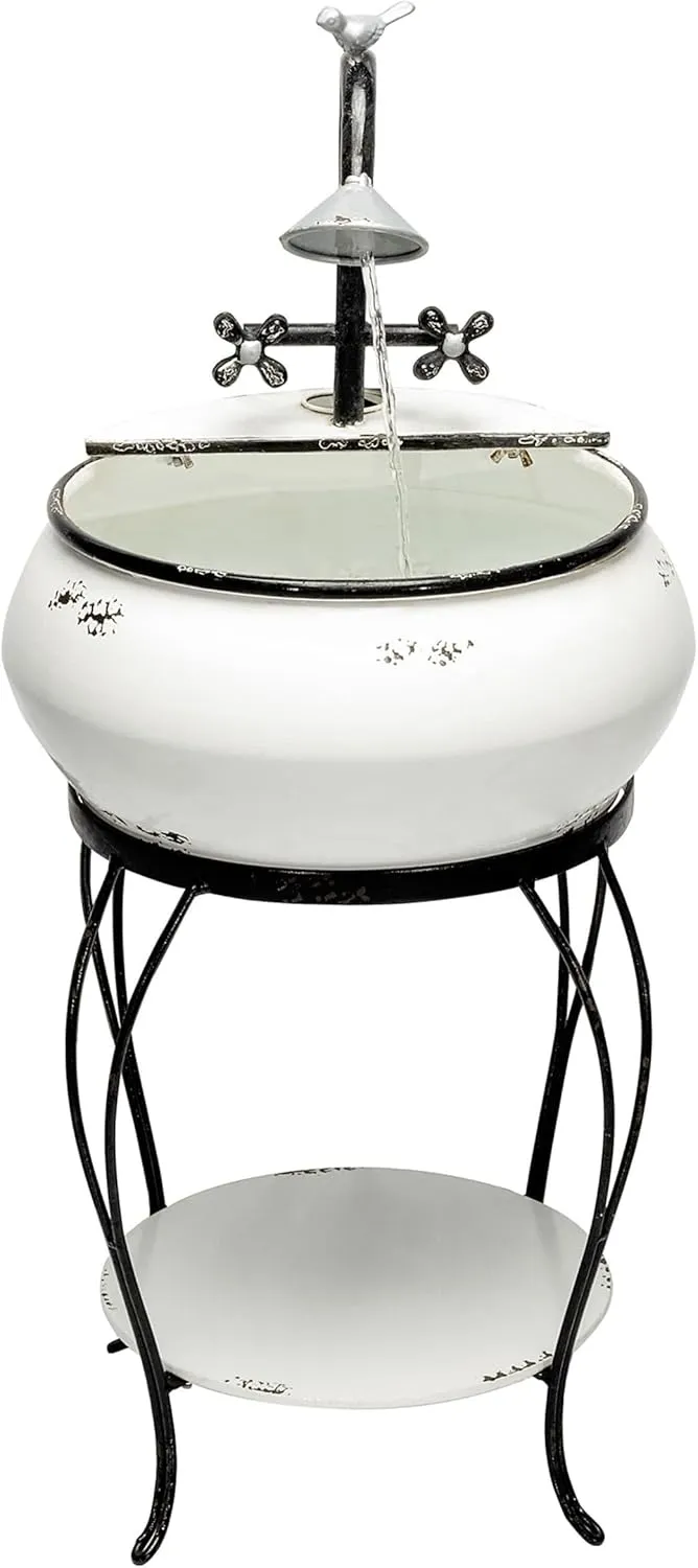 Alpine Corporation YHL170 32” Indoor/Outdoor Antique Metal Sink Water Fountain with Stand – Charming Waterfall Feature for Garden, Patio & Home Decor, White