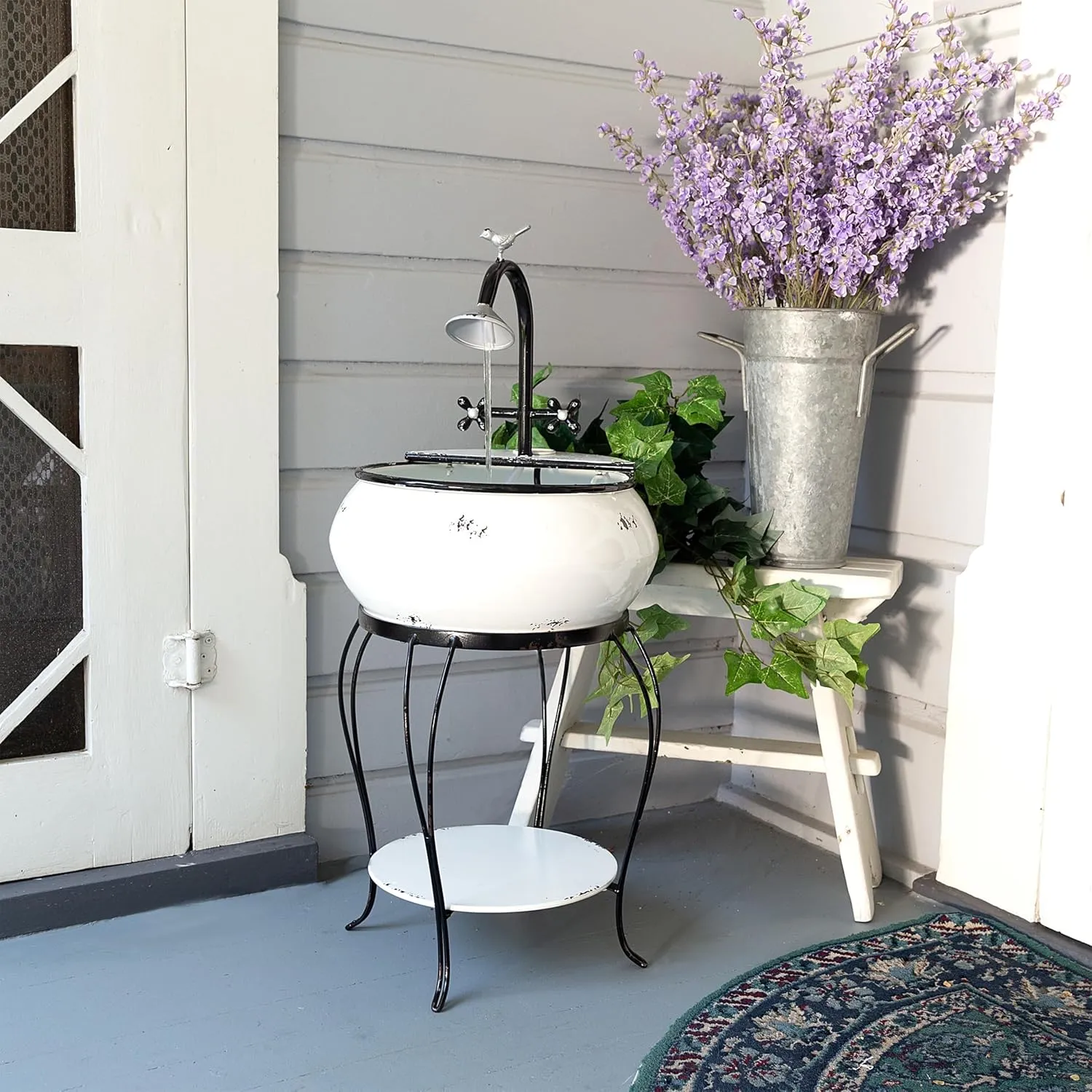 Alpine Corporation YHL170 32” Indoor/Outdoor Antique Metal Sink Water Fountain with Stand – Charming Waterfall Feature for Garden, Patio & Home Decor, White