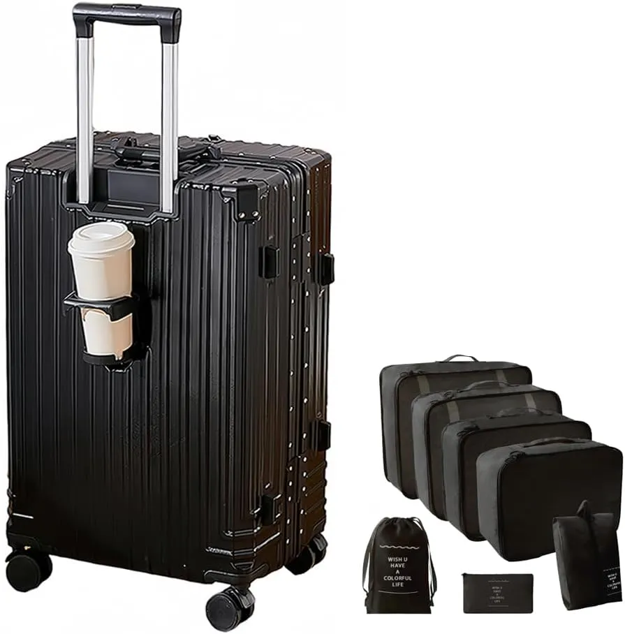 Aluminum Frame Carry-On Luggage, Hardside Carry-On Suitcase, Zipperless Suitcase, Spinner Luggage with Cup Holder and TSA Locks (Black   Organizer Bags, 20-Inch)