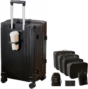 Aluminum Frame Carry-On Luggage, Hardside Carry-On Suitcase, Zipperless Suitcase, Spinner Luggage with Cup Holder and TSA Locks (Black   Organizer Bags, 20-Inch)