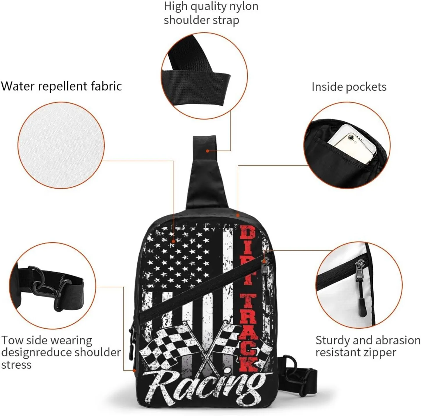 American Flag Dirt Track Racing Car Bike Driver Racer Portable Sling Bags Packable Crossbody Bag Foldable Sport Daypack Reusable Shoulder Backpack Diagonally Chest Bag for Workout Travel