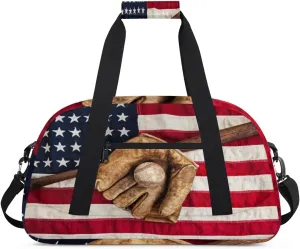 American Flag Gym Duffel Bag for Men Women Baseball Sports Tote Bag with Adjustable Shoulder Strap for Dance Gymnastics Traveling Outdoor Camping Overnight Stay