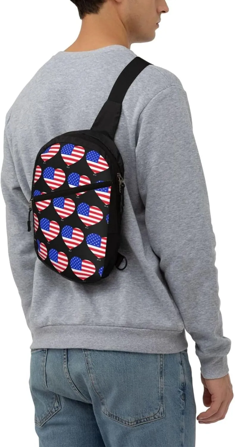 American Flag Heart Portable Sling Bags Packable Crossbody Bag Foldable Sport Daypack Reusable Shoulder Backpack Diagonally Chest Bag for Workout Travel