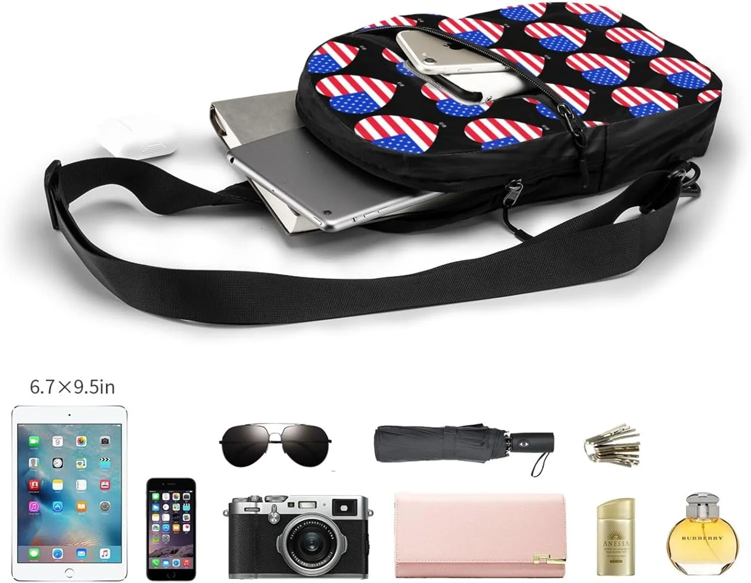 American Flag Heart Portable Sling Bags Packable Crossbody Bag Foldable Sport Daypack Reusable Shoulder Backpack Diagonally Chest Bag for Workout Travel