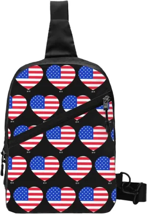 American Flag Heart Portable Sling Bags Packable Crossbody Bag Foldable Sport Daypack Reusable Shoulder Backpack Diagonally Chest Bag for Workout Travel