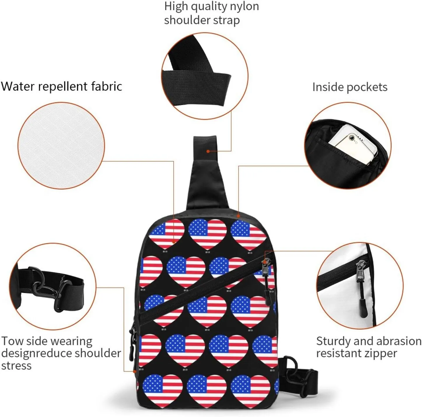 American Flag Heart Portable Sling Bags Packable Crossbody Bag Foldable Sport Daypack Reusable Shoulder Backpack Diagonally Chest Bag for Workout Travel