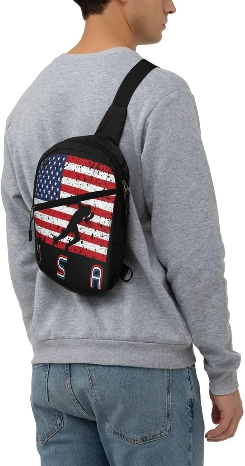 American Flag Track Team Portable Sling Bags Packable Crossbody Bag Foldable Sport Daypack Reusable Shoulder Backpack Diagonally Chest Bag for Workout Travel