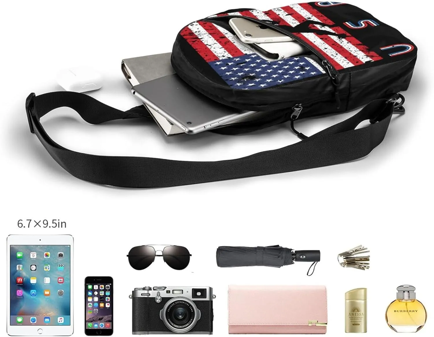 American Flag Track Team Portable Sling Bags Packable Crossbody Bag Foldable Sport Daypack Reusable Shoulder Backpack Diagonally Chest Bag for Workout Travel