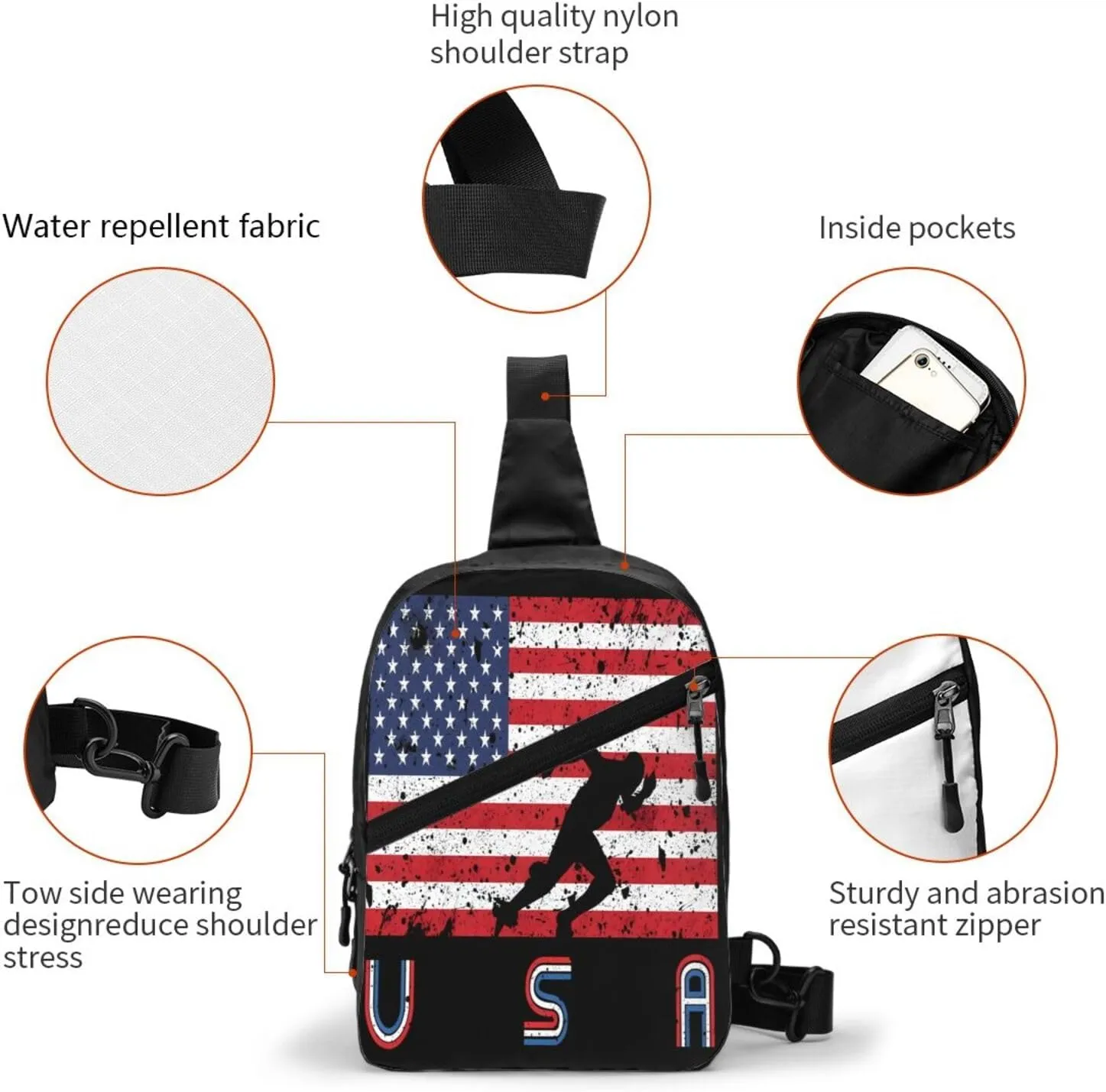 American Flag Track Team Portable Sling Bags Packable Crossbody Bag Foldable Sport Daypack Reusable Shoulder Backpack Diagonally Chest Bag for Workout Travel