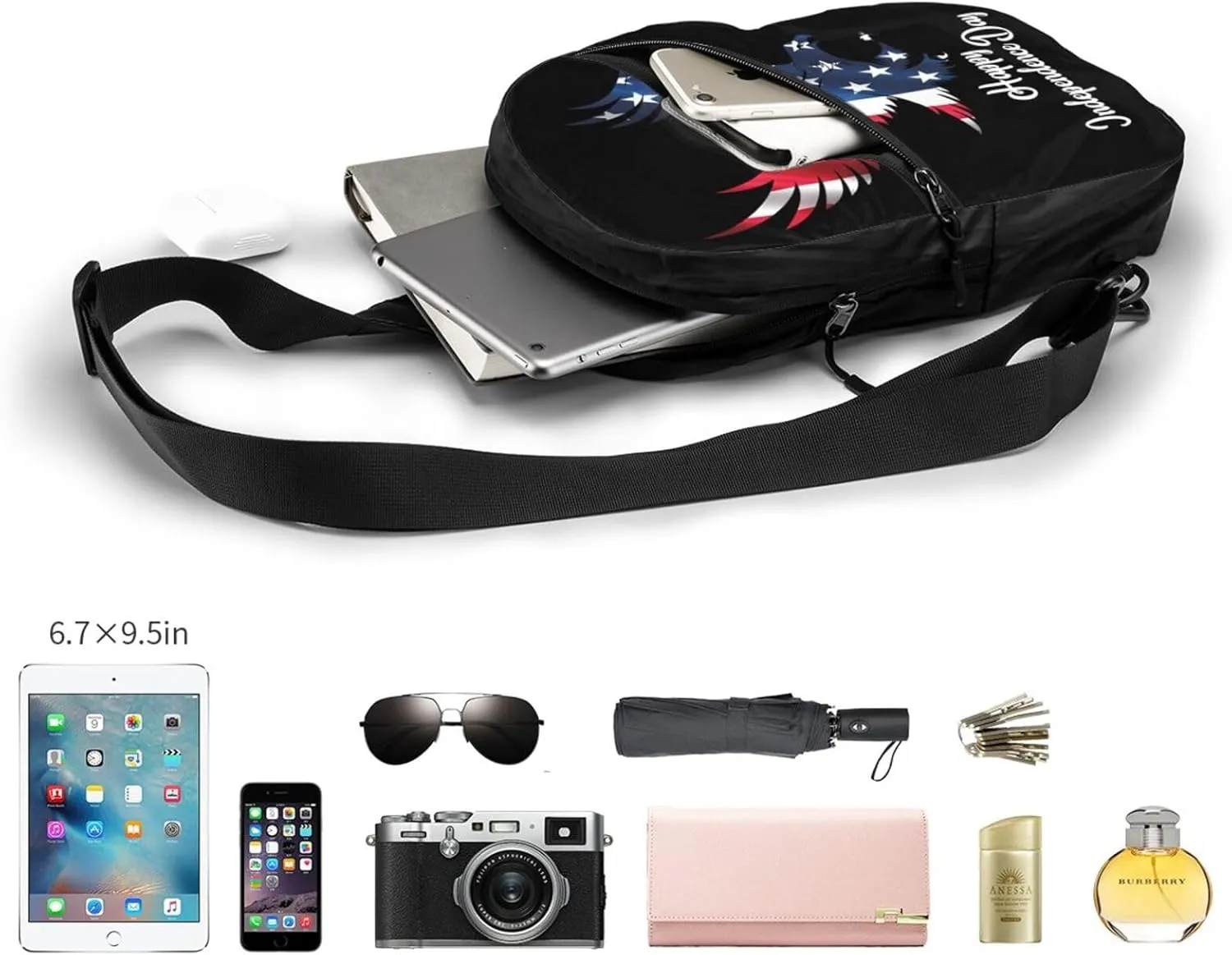 American Flag We The People Eagle Portable Sling Bags Packable Crossbody Bag Foldable Sport Daypack Reusable Shoulder Backpack Diagonally Chest Bag for Workout Travel