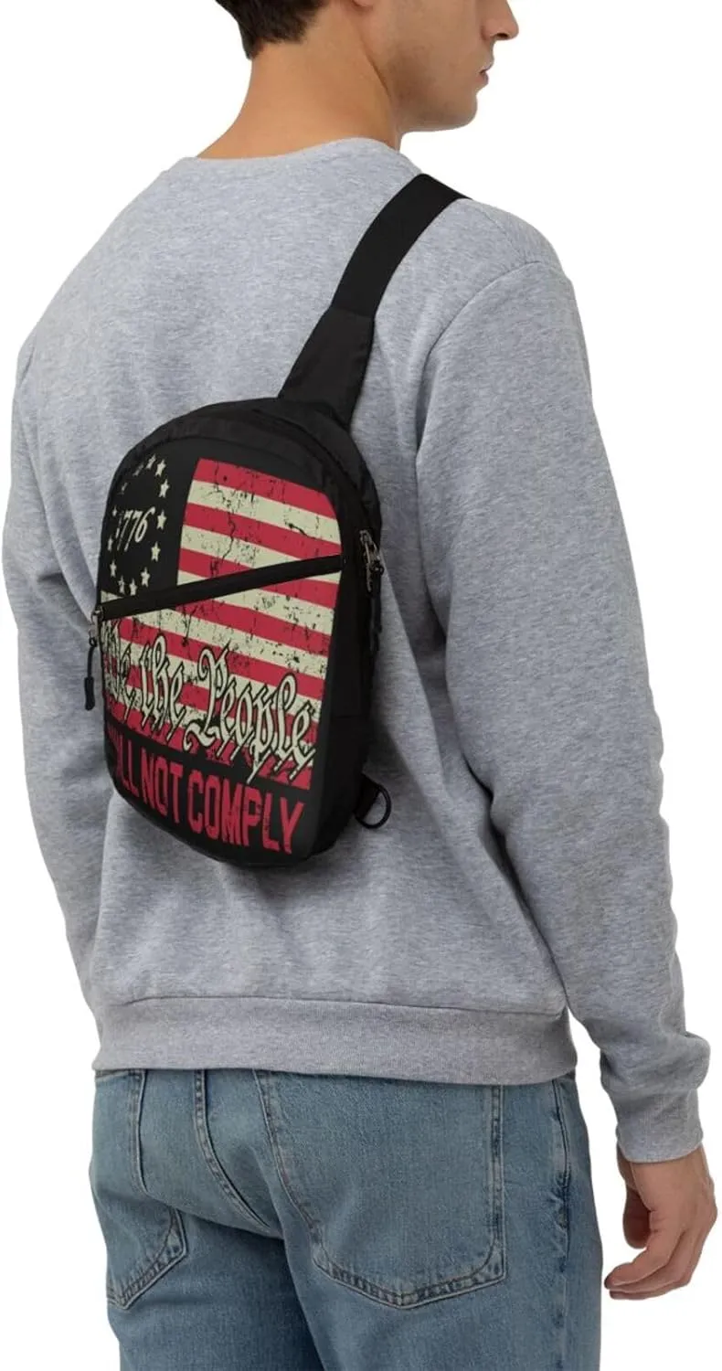 American Flag We The People I Will Not Comply Portable Sling Bags Packable Crossbody Bag Foldable Sport Daypack Reusable Shoulder Backpack Diagonally Chest Bag for Workout Travel