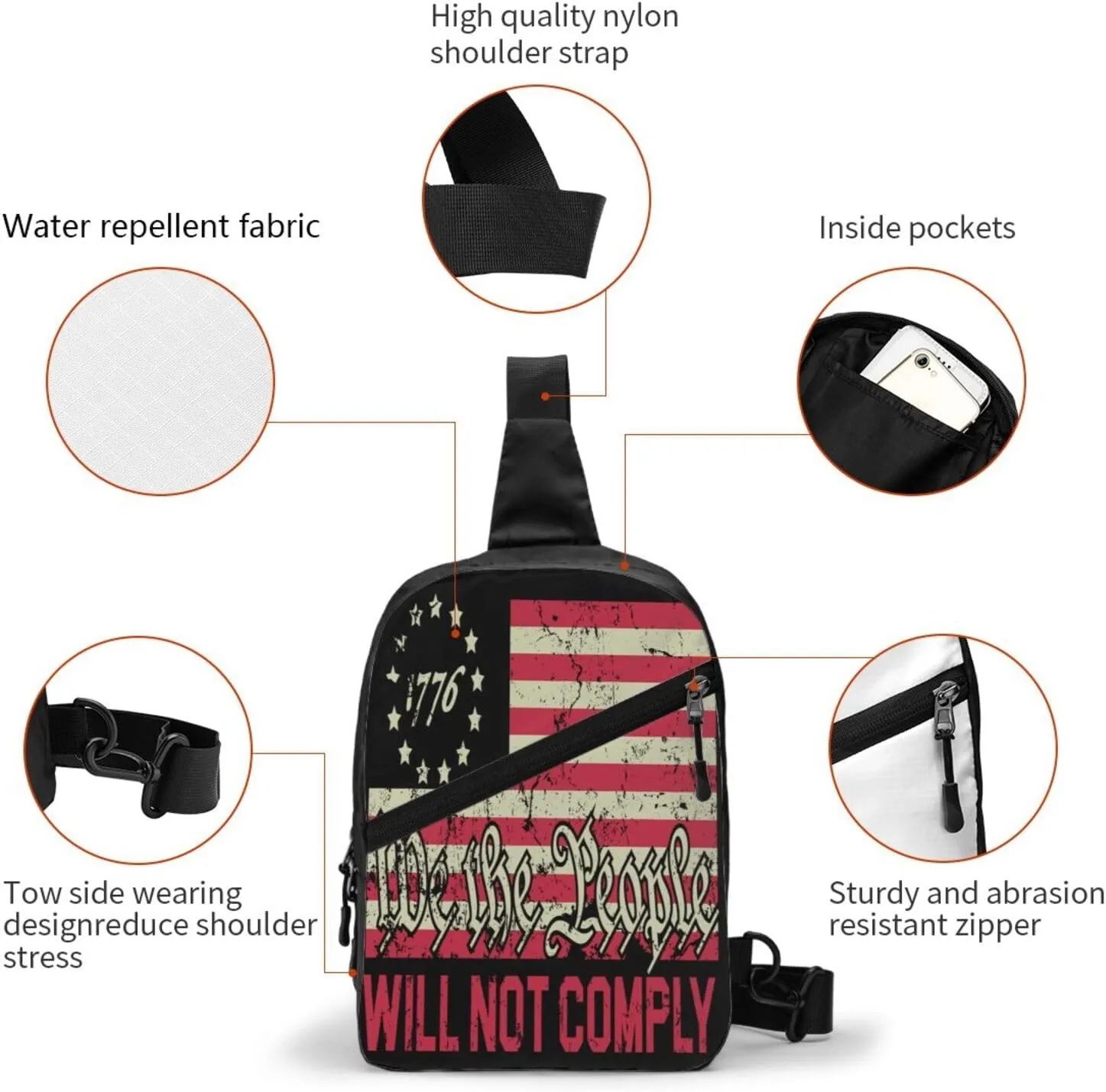 American Flag We The People I Will Not Comply Portable Sling Bags Packable Crossbody Bag Foldable Sport Daypack Reusable Shoulder Backpack Diagonally Chest Bag for Workout Travel