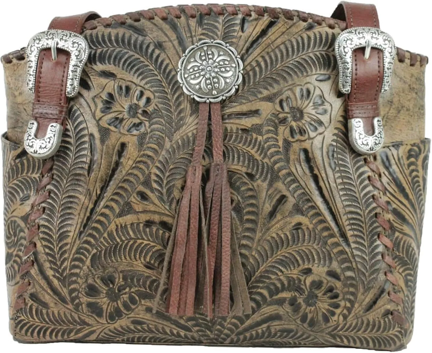 American West Leather - Multi Compartment Tote Bag -Purse Holder Bundle (Charcoal Brown - Bolo Concho)